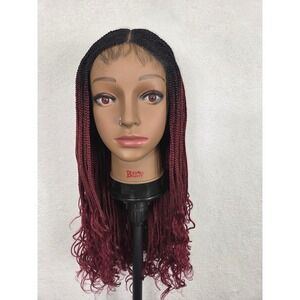 Womens Cornrow Braided Lace Front Wig Ombre Black Burgundy Red Curly Ends 22in